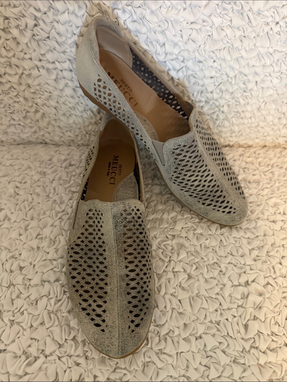 Sesto Meucci Beige Laser-Cut Suede Flats